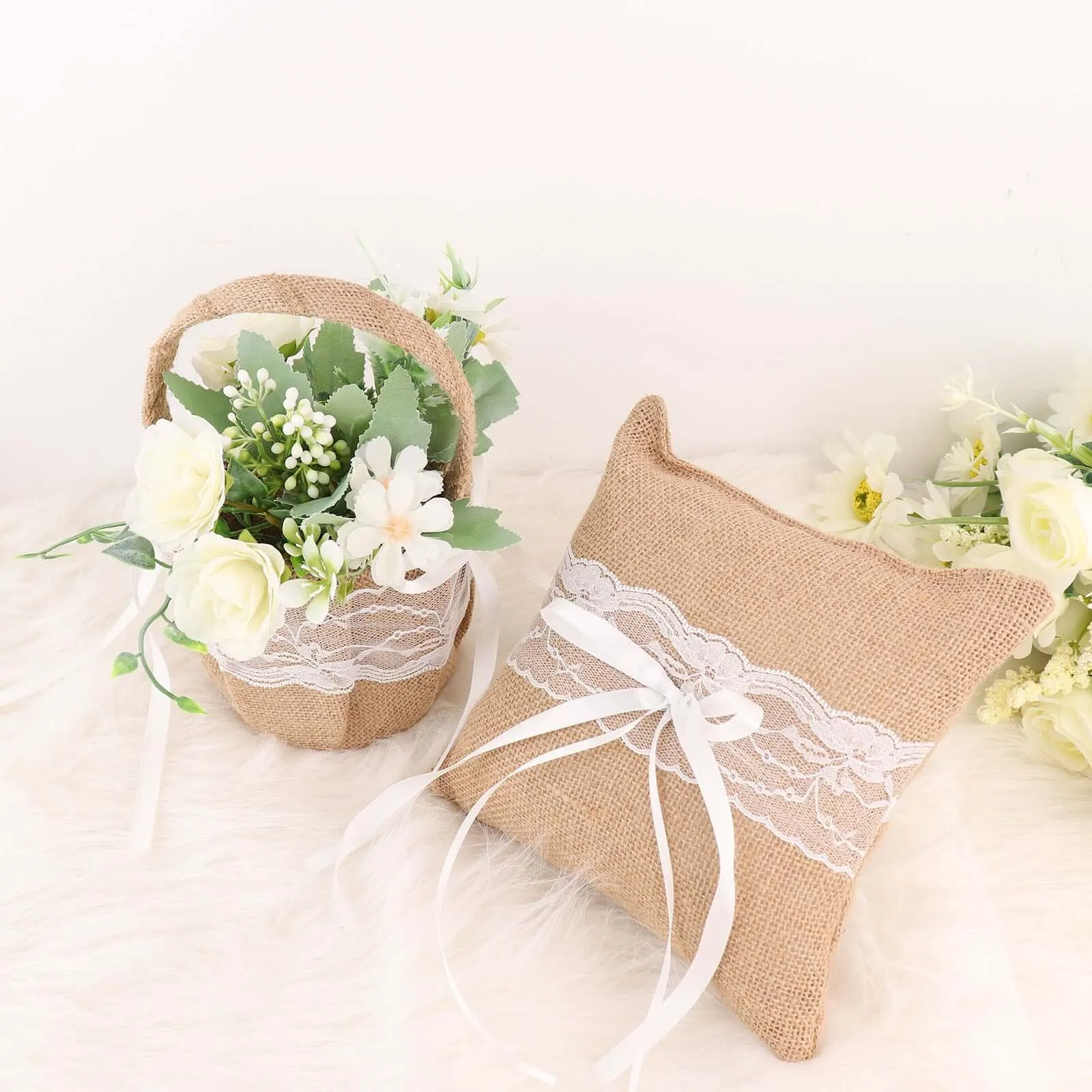 1 Set Natural Burlap and Lace Flower Girl Petal Basket and Ring Bearer Pillow Wedding Set