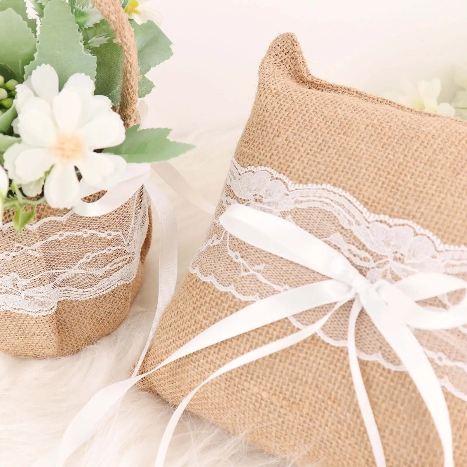 1 Set Natural Burlap and Lace Flower Girl Petal Basket and Ring Bearer Pillow Wedding Set