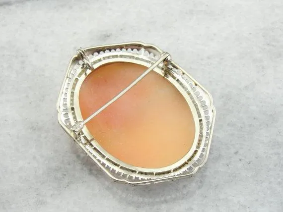 14K White Gold and Fine Shell Cameo, Antique Pin