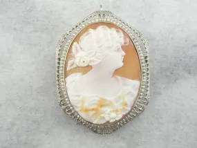 14K White Gold and Fine Shell Cameo, Antique Pin