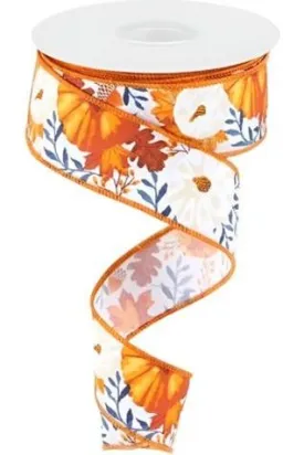 1.5" Pumpkin Foliage Ribbon: White/Navy (10 Yards)