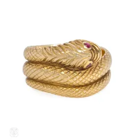 Antique engraved gold snake ring