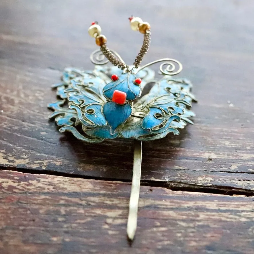 Antique Tian-Tsui (點翠) Hair Pin - Butterfly/Moth - 1038