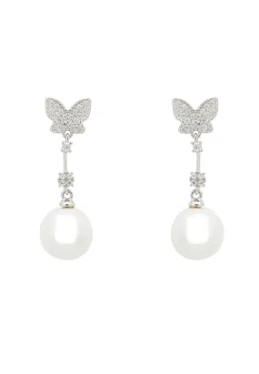 Butterfly Pearl Drop Earrings Silver