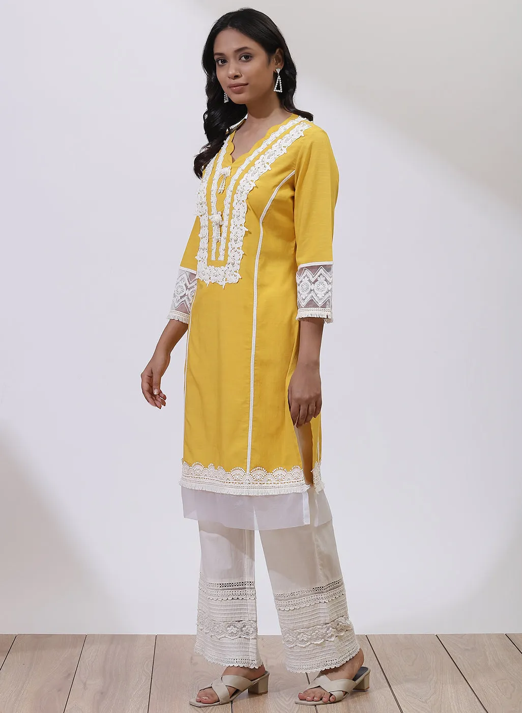 Daisy Yellow Alora Collection Kurta With Lace Detail