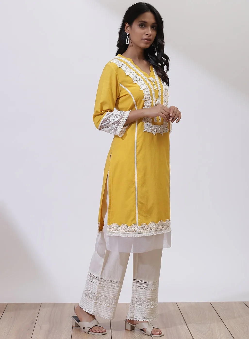 Daisy Yellow Alora Collection Kurta With Lace Detail