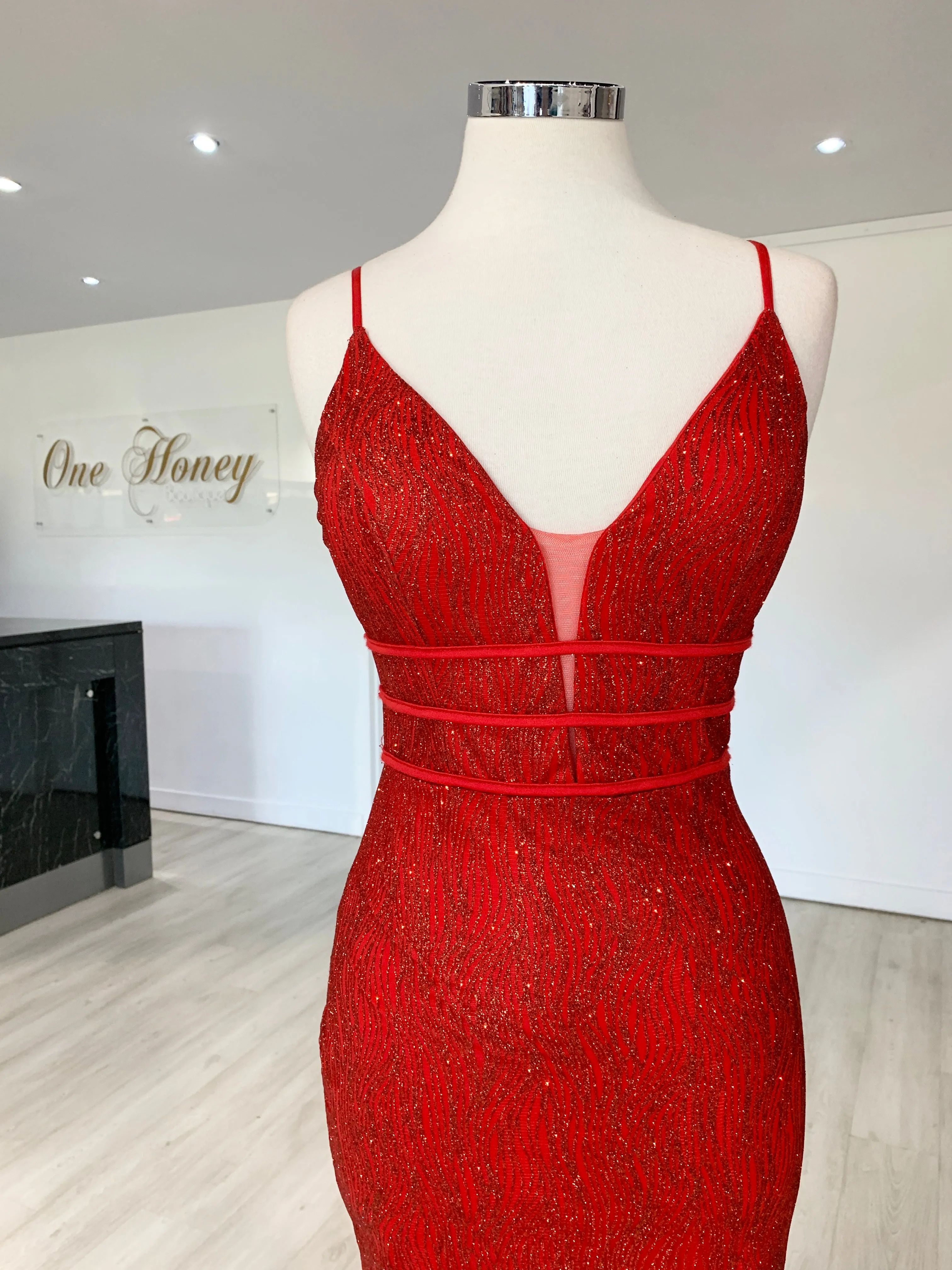 Honey Couture SARAI Red Glitter Mermaid Evening Gown Dress