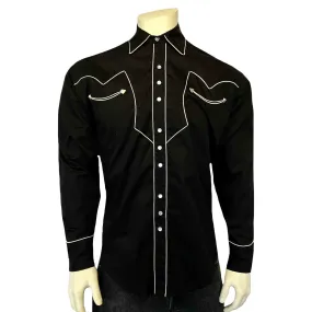 Men's Vintage Solid Black Western Shirt with Piped Lightning Yokes