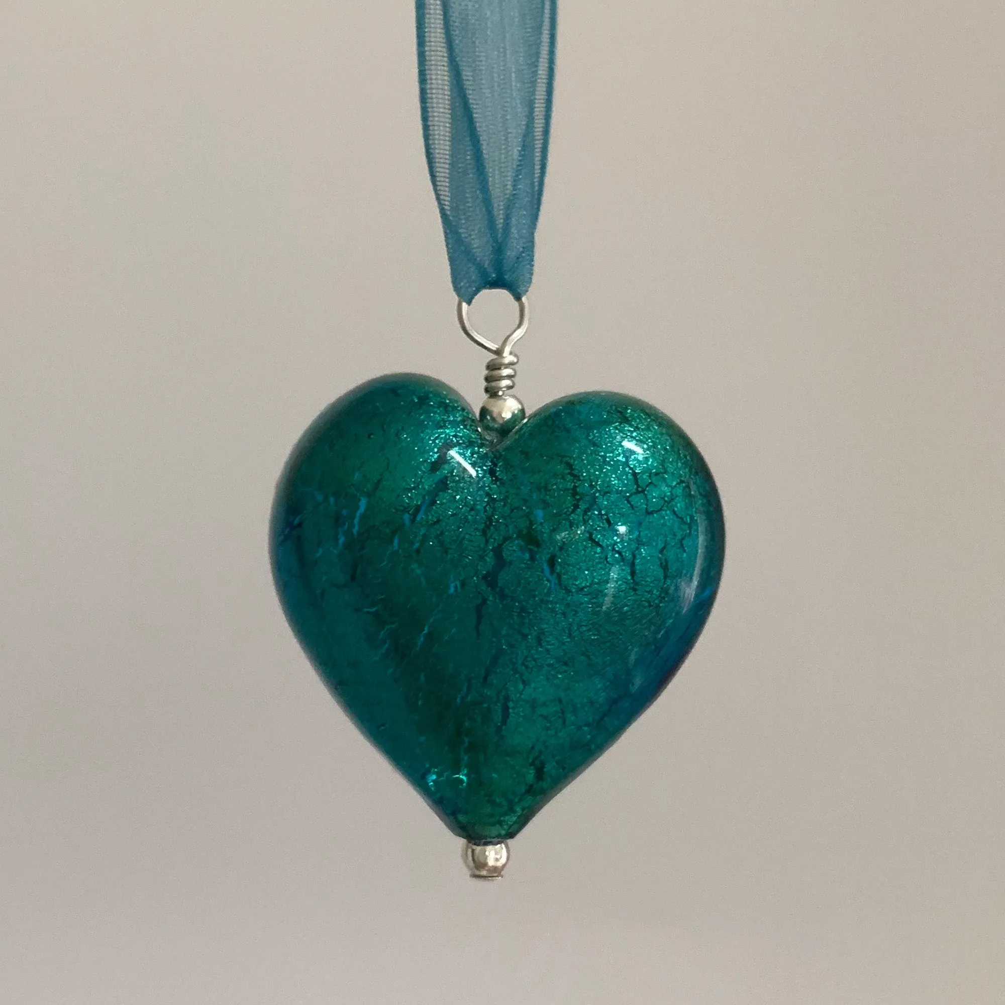 Necklace with sea green (jade, teal) Murano glass large heart pendant on organza ribbon