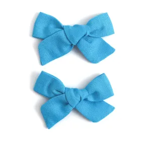 Pigtail Bows - Electric Blue Linen