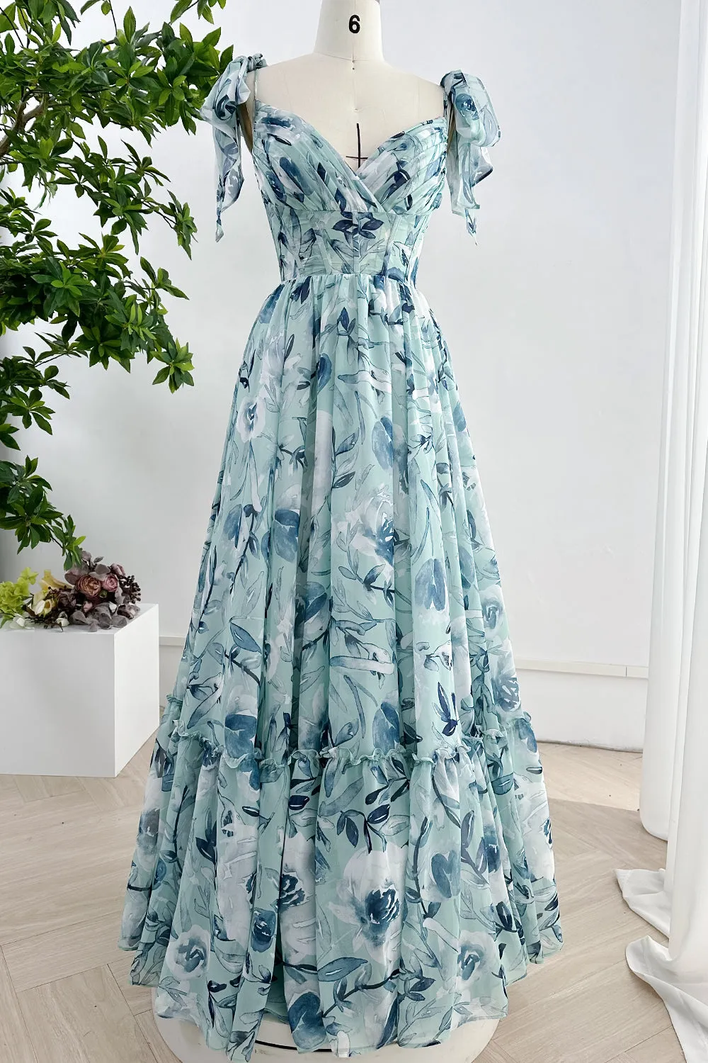 Spaghetti Straps Corset Floral Chiffon Tiered Dress