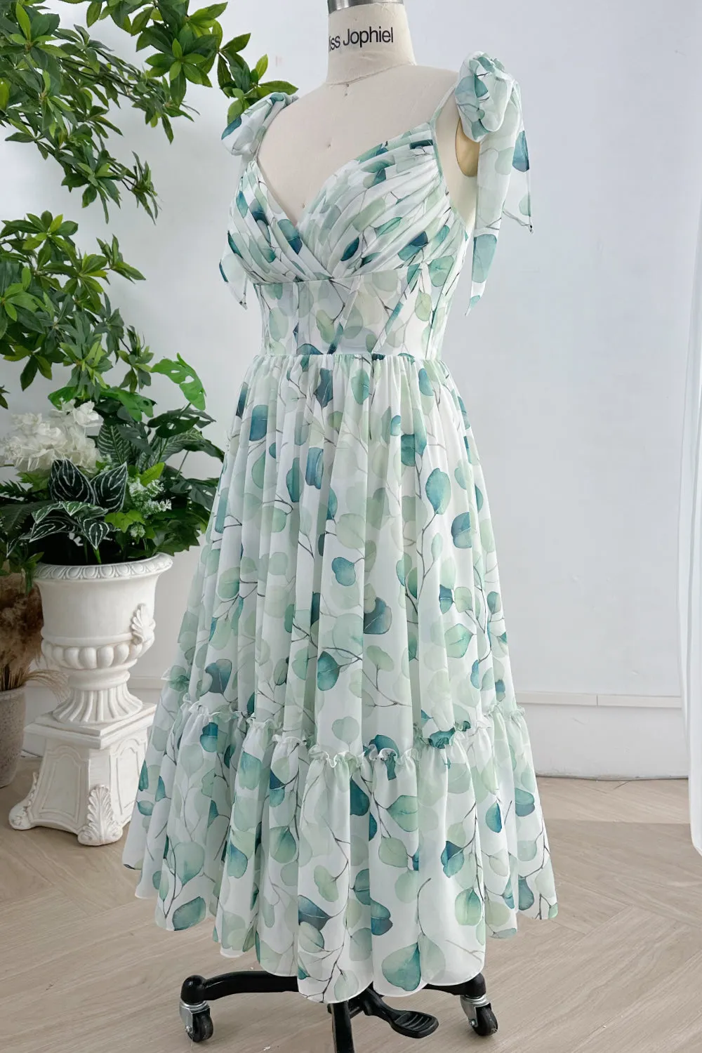 Spaghetti Straps Corset Floral Chiffon Tiered Dress