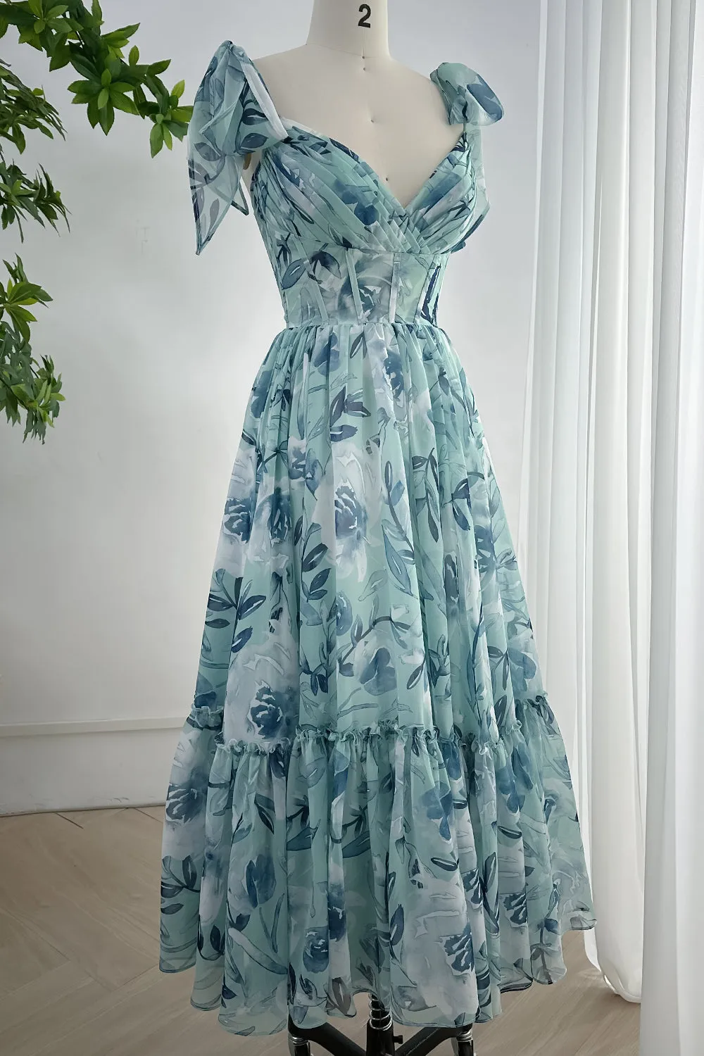 Spaghetti Straps Corset Floral Chiffon Tiered Dress