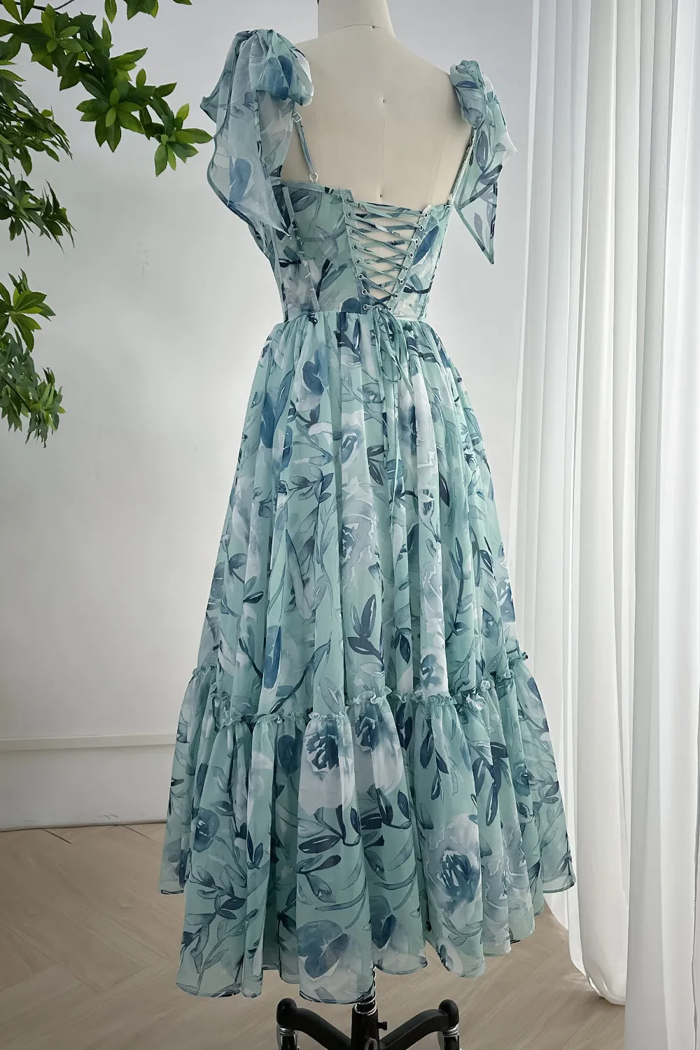 Spaghetti Straps Corset Floral Chiffon Tiered Dress