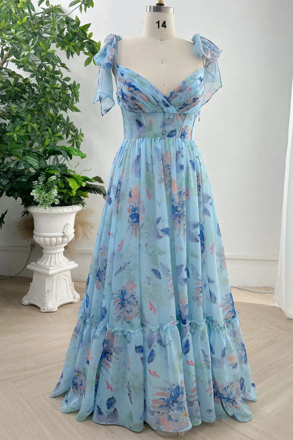 Spaghetti Straps Corset Floral Chiffon Tiered Dress