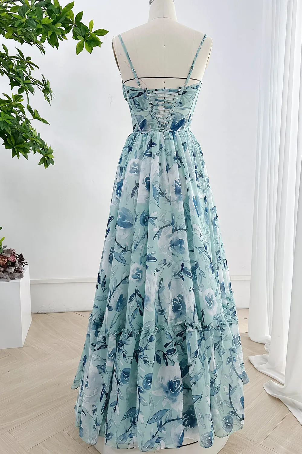 Spaghetti Straps Corset Floral Chiffon Tiered Dress