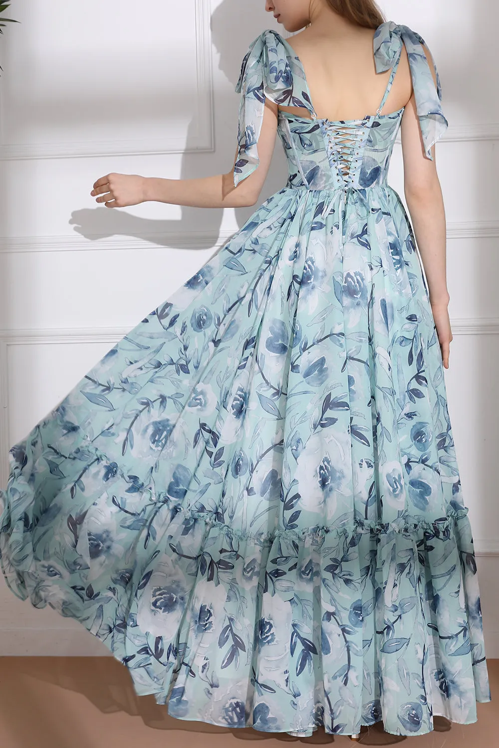 Spaghetti Straps Corset Floral Chiffon Tiered Dress