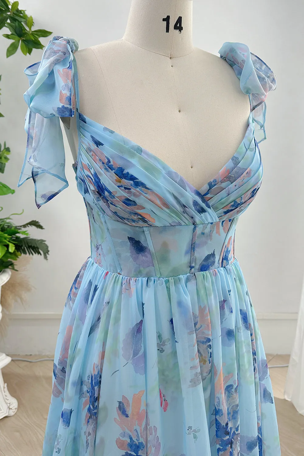 Spaghetti Straps Corset Floral Chiffon Tiered Dress