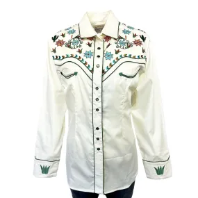 Women's Ivory Agave Cactus Floral Embroidery Western Shirt