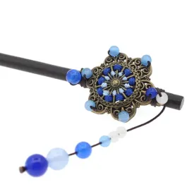 Wood Stick with Floral Metal Piece and Jade Beads Tassel Blue