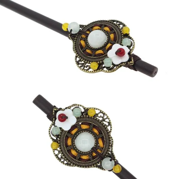 Wood Stick with Round Metal Piece Shell Flower and Jade Beads Yellow